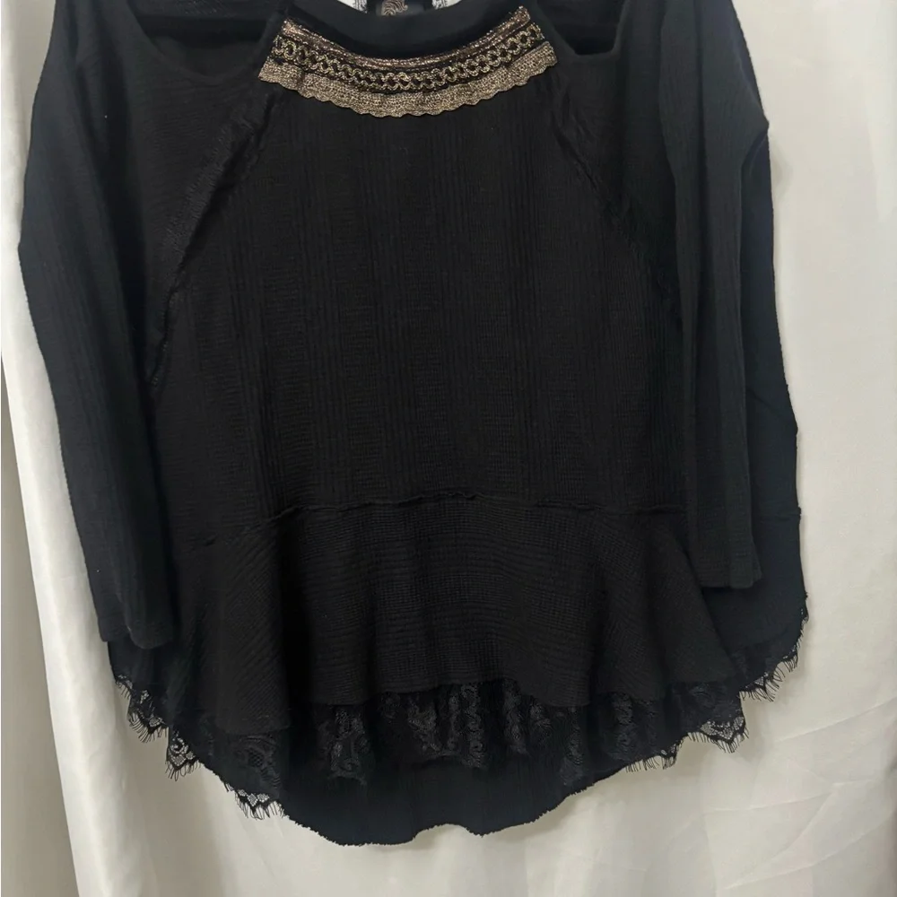 Free People New Romantics Black Blouse with Lace Detail